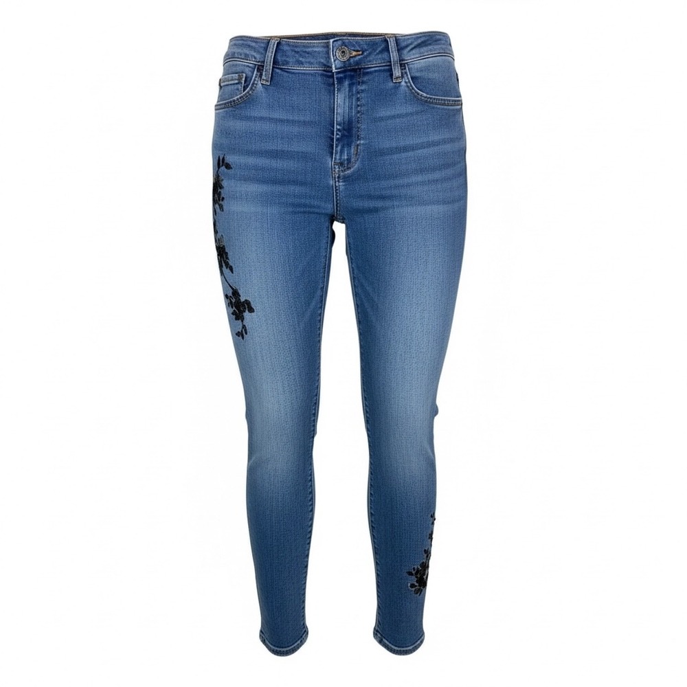 White House Black Market The Skinny Ankle Jeans Size 0 Black Floral Embroidered